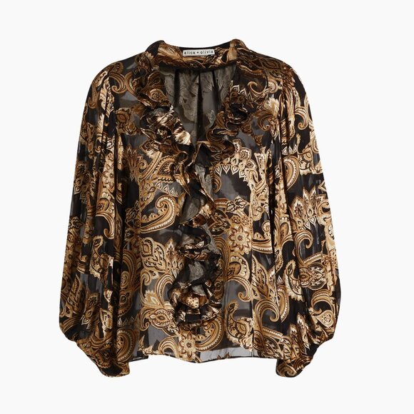ALICE + OLIVIA Betsie Paisley Balloon-Sleeve Silk Blouse Size XS - Picture 3 of 9